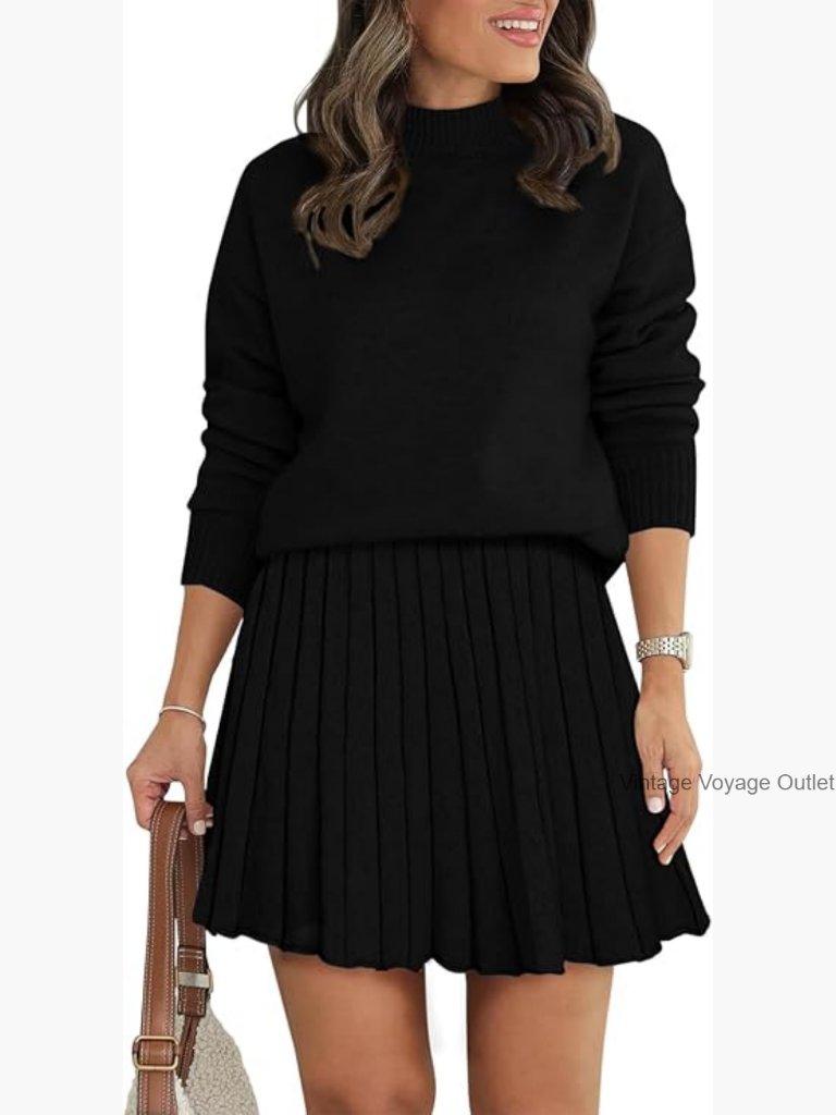 Long Sleeve Turtleneck Sweater Pleated Mini Skirt Set Medium Stretch